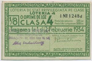Románia 1934. "Loteria de Stat Romania" Román Állami Lottó negyedik osztály egy nyolcad sorsjegye, brassói felülbélyegzéssel, vízjeles papíron T:II Romania 1934. "Loteria de Stat Romania" Romania State Lottery 4th class 1/8 lottery ticket, with overprint from Brasov, on watermarked paper C:XF