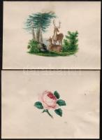 cca 1880 Kováts jelzéssel: 5 db kidologozott, színes ceruzarajz. Puttó, szárnyasok, őzek, 25x17 cm