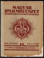 1929 Magyar iparművészet. Szerk.: Györgyi Kálmán. XXXII. évf. 5-6. szám. Bp., Országos Magyar Iparművészeti Társulat. Kiadói papírkötés, megviselt állapotban, szakadozott borítóval,ragasztott gerinccel és borítóval, a hátsó borítót fordítva ragasztották vissza, egy-két lap szakadozott, volt könyvtári példány, fekete-fehér és színes illusztrációkkal.