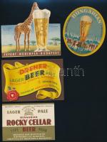 cca 1950 4 db Exportra gyártott magyar sörcímke, Monimpex, Dreher, Rocky Cellar, különböző méretben