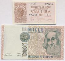 Olaszország 1944. 1L + 1982. 1000L T:I,I- Italy 1944. 1 Lira + 1982. 1000 Lire C:UNC,AU Krause 29b, 109a