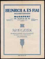 1930 Heinrich A. és Fiai Rt. árjegyzéke az ír rendszerű folytonégő hengeres alakú lemezköpenyes kályhákról, tűzött papírkötésben, jó állapotban.