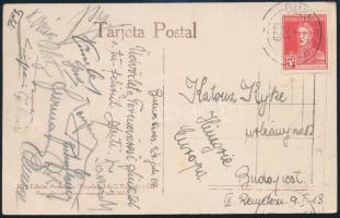 1929 A Ferencváros labdarúgó csapatának uruguayi útjáról küldött képeslap a játékosok (pl.: Toldi, Lázár, Takács stb...) aláírásával. /  1929 Signed postcard of the FTC from France
