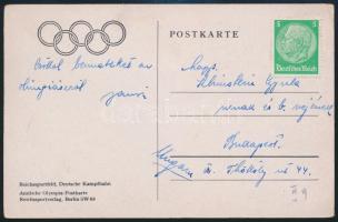 1936 Az olimpia bajnok magyar vízilabdázó Németh János hazaküldött képeslapja a Berlini Olimpiáról