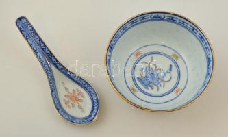 Kínai porcelán leveses tálak, 3 db + 3 db porcelán kanál, jelzett, d: 11,5 cm, m: 5,5 cm, h: 13 cm