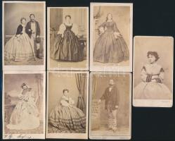 cca 1860 Azonosítatlan magyar színészek és nemesi családtagok. 7 db vizitkártya méretű fotó