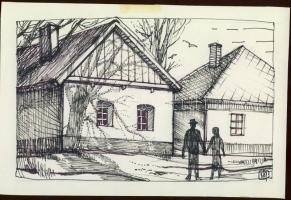 14 db rajz, karikatúra, grafika különböző művészektől (mindegyik szignált) Szép tétel jelképes áron!