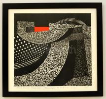 Kádár József (1936- ): Hommage a Le Corbusier 1987, linó, papír, jelzett, számozott (1/15), üvegezett fa keretben, 26,5×27 cm