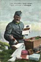 'Légy üdvözölve hazai szivar! Téged áhítoz a bakaagyar' / K.u.K. military postcard, Austro-Hungarian soldier with cigars and rum (EB)