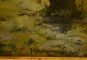 Hermann jelzéssel: Öreg fák, olaj, vászon, sérült díszes fa keretben, 16,5×22,5 cm