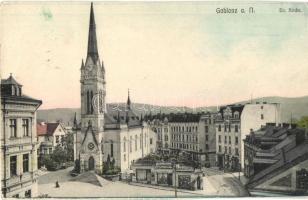 Jablonec nad Nisou, Gablonz an der Neisse; Ev. Kirche, Franz Redon Nahmaschinen / church, Franz Redons sewing machine shop (Rb)
