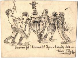 6 db RÉGI katonai motívumlap, K.u.K. tábori karikatúrák, köztük 1 fotó / 6 pre-1945 military motive ...