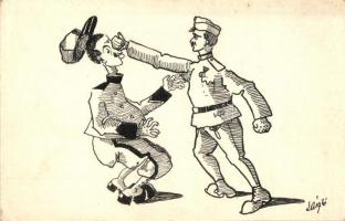 6 db RÉGI katonai motívumlap, K.u.K. tábori karikatúrák, köztük 1 fotó / 6 pre-1945 military motive ...