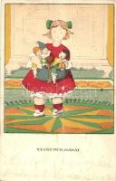 Vegyenek babát! Egy jó kislány viselt dolgai. Képeslapsorozat, rajzolta Kozma Lajos / Hungarian art postcard, girl with dolls s: Kozma Lajos (fa)