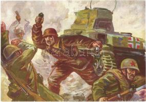 Kecskés Gyula őrvezető, sérült harckocsijából kiugorva, kézigránátokkal menti meg századparancsnokát / WWII Hungarian military, grenades, tank, heroism, s: Haranghy