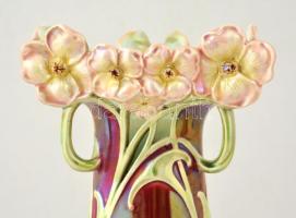 Jelzett (HH) szecessziós díszváza, kézzel festett, porcelán-fajansz irizáló mázzal, apró máz hibákka...