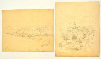 Dörre Tivadar (1858-1932): Látképek. Ceruza, papír, jelzés nélkül, 2 db, 29x23 cm