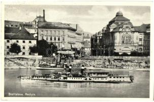 Pozsony, Pressburg, Bratislava; rakpart gőzhajóval / quay, steamship (ázott sarok / wet corner)