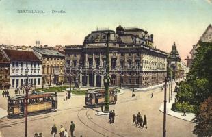 Pozsony, Pressburg, Bratislava; színház, villamosok / Divadlo / theatre, trams (EK)