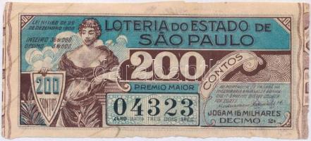 Brazília 1930. "Sao Paulo város lottó" lottójegy hátoldalán bélyegzéssel T:III vágott Brazil 1930. "Lottery Ticket of Sao Paulo" lottery ticket with overprint on back C:F cut marks
