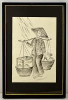 Jelzés nélkül: Vietnámi lány. Tus, selyem, üvegezett keretben, 35×23 cm
