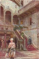 Venice, Venezia; Hotel Royal Danieli, Lo scalone / hotel interior, the staircase, ladies, art postcard s: Fortunino Matania