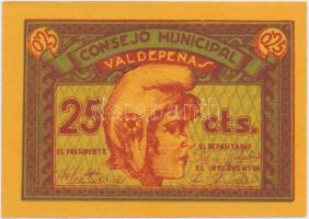 Spanyolország / Ciudad Real / Valdepenas ~1930-1940. 25c szükségpénz T:I,I- Spain / Ciudad Real / Valdepenas ~1930-~1940. 25 Centimes necessity note C:UNC,AU