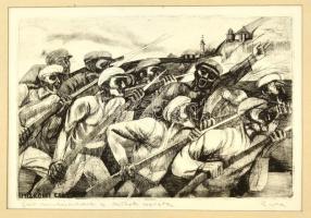 Barczi Pál (1933-2003): Gyári- munkásezredek a miskolci csatában. Rézkarc, papír, jelzett, 20×29 cm