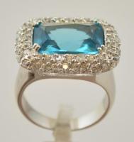 Ezüst(Ag) kék üveg kővel díszített gyűrű, jelzett, méret: 56, bruttó: 10,1 g