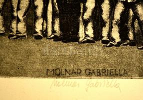 Molnár Gabriella (1940-): Hodmezővásárhely, zendülés. Rézkarc, karton, jelzett, 19×30 cm