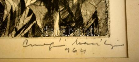 Csurgói Máté Lajos (1931-2001): Tüntetés. Rézkarc, papír, jelzett. 21×27 cm