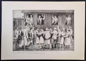 Jelzés nélkül: A magyar börtönökből szabadult kommunisták. Rézkarc, papír, 20×30 cm