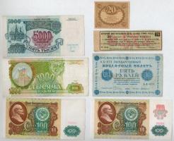 Szocialista Szövetségi Szovjet Köztársaság / Szovjetunió / Oroszország 1918-1993. 5R-5000R 6db bankjegy és 1db részvényhez tartozó kupon T:III Russian Socialist Federated Soviet Republic / Soviet Union / Russia 1918-1993. 5 Rubles - 5000 Rubles 6pcs of banknotes and 1pc of coupon from a share C:F