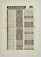 1986 Rock Színház március és áprilisi műsorának plakátja, köztük A bábjátékos, Sztárcsinálók, Evita előadások, hajtott, 69x49 cm