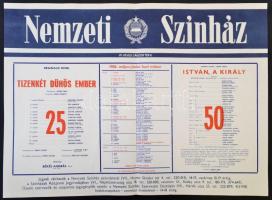 1986 Nemzeti Színház május és június havi műsoros plakátja, István a király, Tizenkét dühös ember előadásokkal, hajtott, 41,5x56 cm