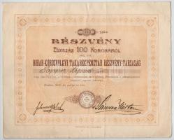 Élesd 1907. Bihar-Kőrösvölgyi Takarékpénztár Részvény-Társaság részvény 100K-ról, szelvényekkel T:III széleken kis szakadások
