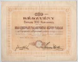 Élesd 1907. "Bihar-Kőrösvölgyi Takarékpénztár Részvény-Társaság" részvény 100K-ról, szelvényekkel T:III széleken kis szakadások