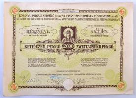 Budapest 1940. "Kőbányai Polgári Serfőző és Szent István Tápszerművek Részvénytársaság" részvény 2000P-ről, szelvényekkel és szárazpecséttel T:III