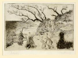 Láng Rudolf (1904-1991): Debussy. Rézkarc, papír, jelzett, 19×28 cm