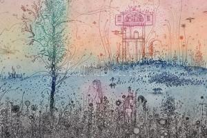 Gross Arnold (1929-2015): Emléklap II., színes rézkarc, papír, jelzett, 19,5×26,5 cm