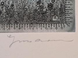 Gross Arnold (1929-2015): Emléklap II., színes rézkarc, papír, jelzett, 19,5×26,5 cm