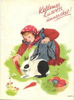 Kellemes húsvéti ünnepeket! Művészeti Alkotások kiadása / Hungarian Easter greeting card, girl with rabbit and eggs s: Lukáts (EK)