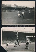 Labdarúgók hazai és külföldi mérkőzéséken, 4 db fotó, törésnyomokkal, szakadásokkal, hiányokkal, 13x...
