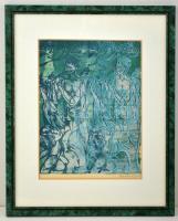 Töreky Ferenc (1922-2016): Furulyázó. Monotípia, papír, jelzett, üvegezett keretben, 34×26 cm