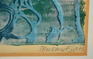 Töreky Ferenc (1922-2016): Furulyázó. Monotípia, papír, jelzett, üvegezett keretben, 34×26 cm