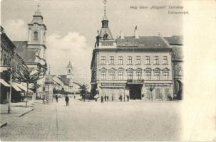 Kolozsvár, Cluj; Nagy Gábor Központi szállodája, Medgyesy és Nyegrutz, Biasini Sándor utóda üzletei, hirdetőoszlop / hotel, shops, advertising column