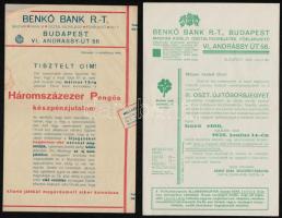 1933-1937 Benkő Bank Rt. sorsjátékokkal kapcsolatos szórólapjai és értesítői, 5 db., hajtásnyomokkal.