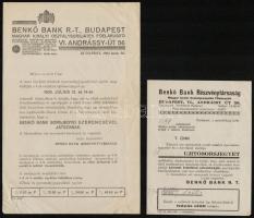 1933-1937 Benkő Bank Rt. sorsjátékokkal kapcsolatos szórólapjai és értesítői, 5 db., hajtásnyomokkal