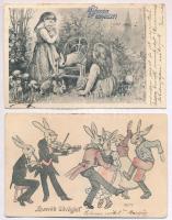 4 db RÉGI húsvéti üdvözlőlap; két dombornyomott litho lap és két nyulas képeslap / 4 pre-1945 Easter greeting cards; 2 embossed litho and 2 rabbit