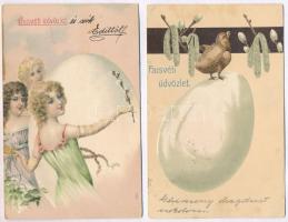 4 db RÉGI húsvéti üdvözlőlap; két dombornyomott litho lap és két nyulas képeslap / 4 pre-1945 Easter...